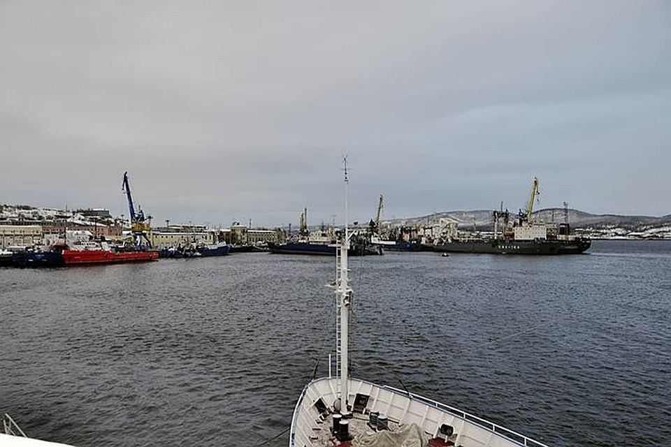 Разлившуюся при буксировке танкера нефть собирают в Мурманске Разлившуюся при буксировке танкера нефть собирают в Мурманске