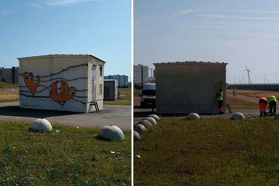 В Петербурге закрасили еще одно граффити с ленивцами. Фото: телеграм-канал nedimonspbinf