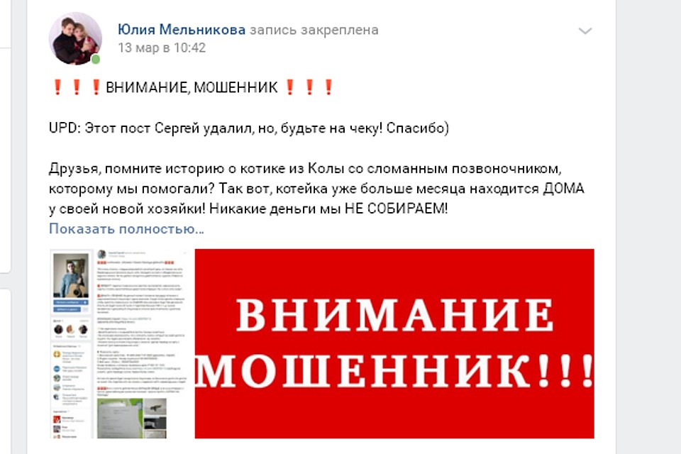 На своей страницы Юлия предупреждает о мошеннике, повадившемся нажиться на истории бедного кота, которая благополучно уже завершилась.