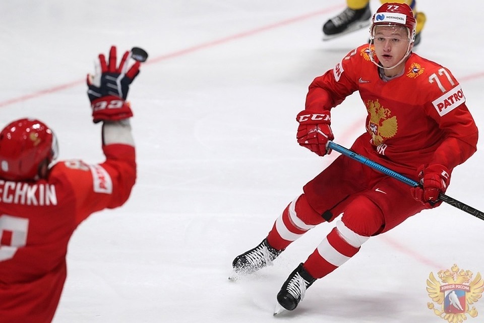 Хоккеист из Кузбасса забил свою первую шайбу на чемпионате мира 2019. ФОТО: Федерация хоккея России.