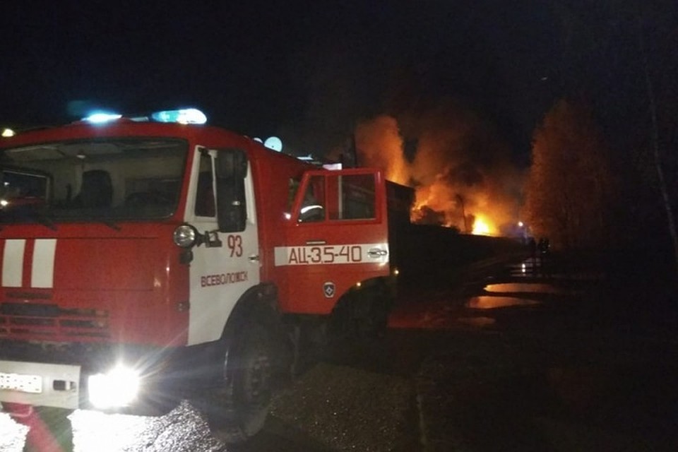Огромный пожар во Всеволожском районе тушили почти четыре часа. Фото: Главное управление МЧС России по Ленинградской области