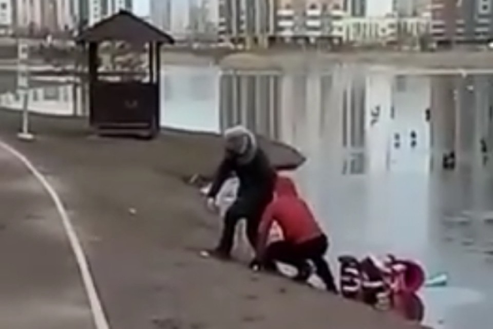 В Купчино народный герой вытащил детскую коляску из пруда. Фото: youtube.com / Владислав Беляков