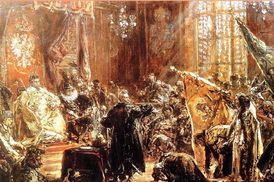 Художник — Ян Матейко. Событие 1610 г. Представление С. Жолкевским пленного царя Василия Шуйского королю Сигизмунду III и Сенату.