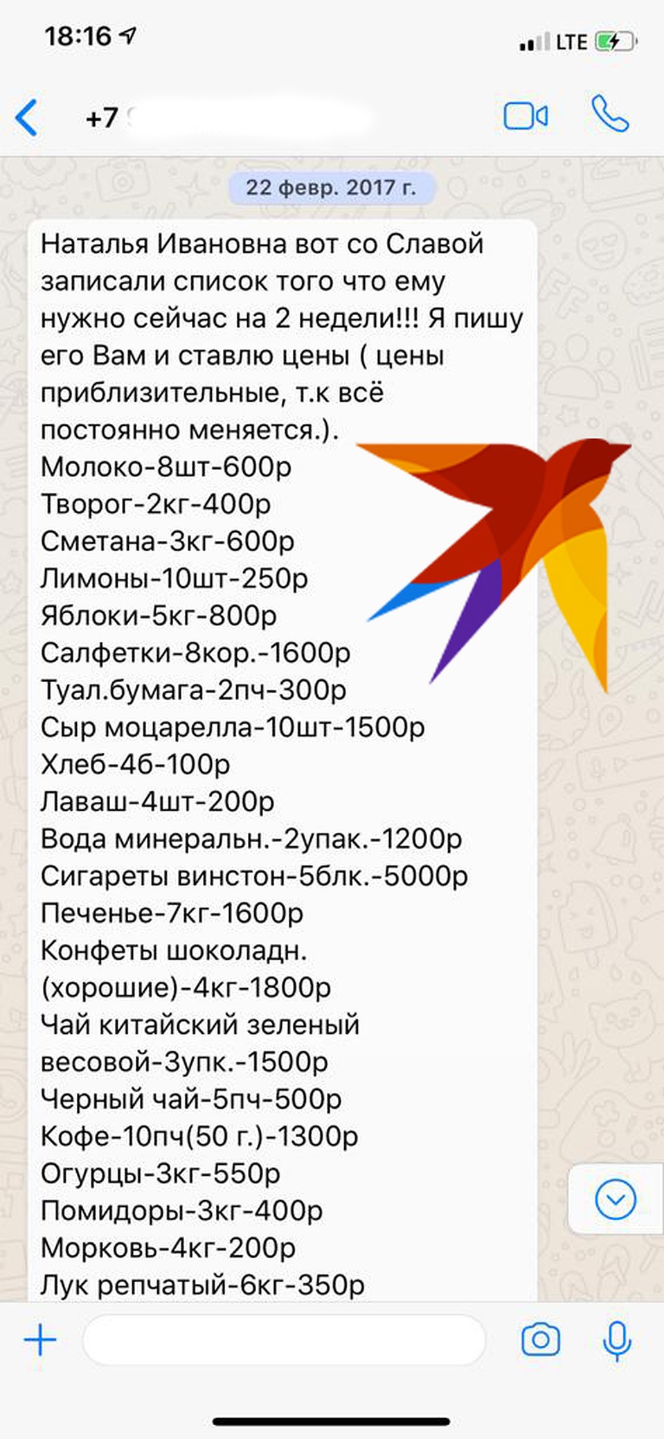 Список продуктов для Цеповяза. Его присылал родне заключенного один мужчина