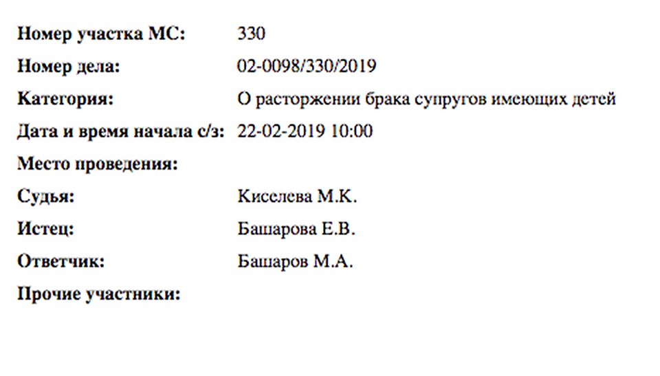 Елизавета Шевыркова подала в Бабушкинский мировой суд столицы заявление о разводе