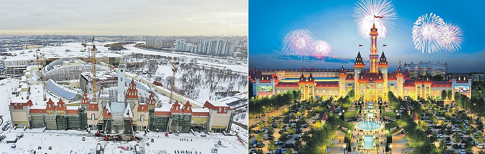 Стройплощадка покрыта снегом (слева), но уже легко можно представить, как будет выглядеть парк: замок с большим променадом перед входом (справа). Фото: Иван МАКЕЕВ , stroi.mos.ru