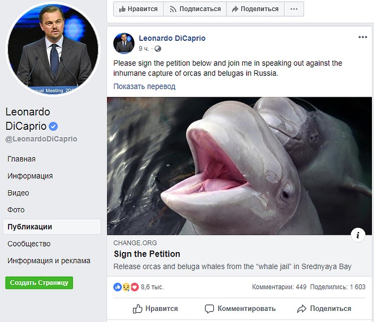 Скриншот со страницы Леонардо Ди Каприо.