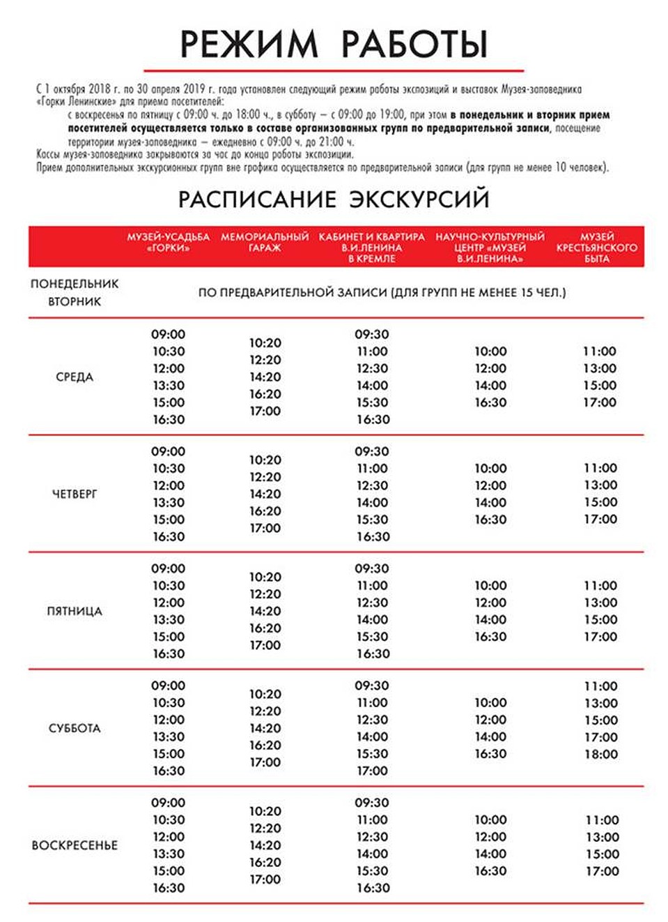 «Горки Ленинские». Режим работы