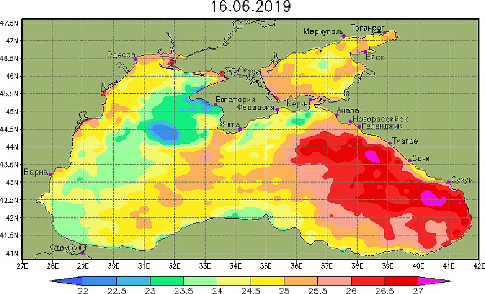 Карта температуры воды в Азовском и Черном морях Фото: meteoinfo.ru/seascurrentsst
