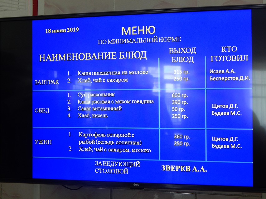 Меню осужденных Фото: Татьяна ЧЕРНЫШЕВА
