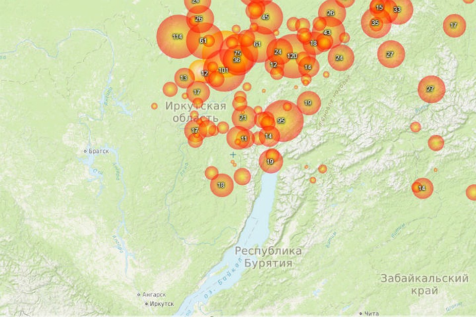 По карте видно, что горит север Иркутской области. Фото: fires.ru.