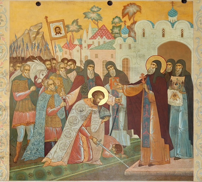 Сергий Радонежский, благословляя войско Дмитрия Донского на Куликовскую битву, нашёл такие слова, после произнесения которых русские воины проявили на поле боя невероятную доблесть, а российская история резко изменилась. Фреска из Троице-Сергиевой Лавры.