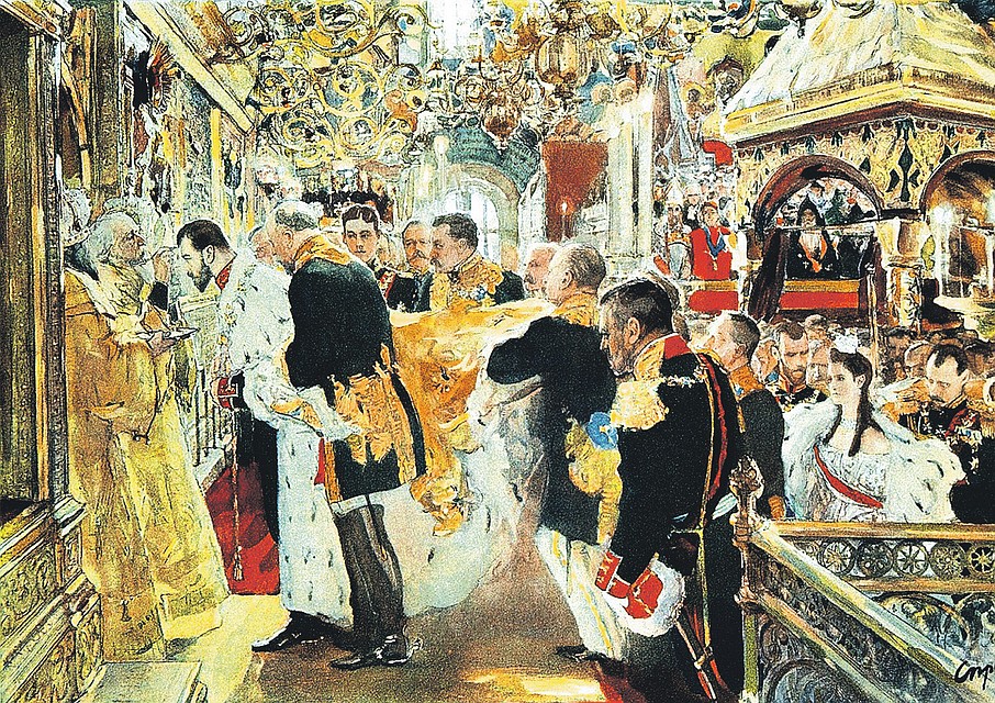 В мае 1896-го, когда Николай II уже полтора года был российским императором, в Успенском соборе Кремля состоялось его миропомазание, которое фотографически запечатлел Валентин Серов. Фото: Редакция художественного оформления издательства «Вече»