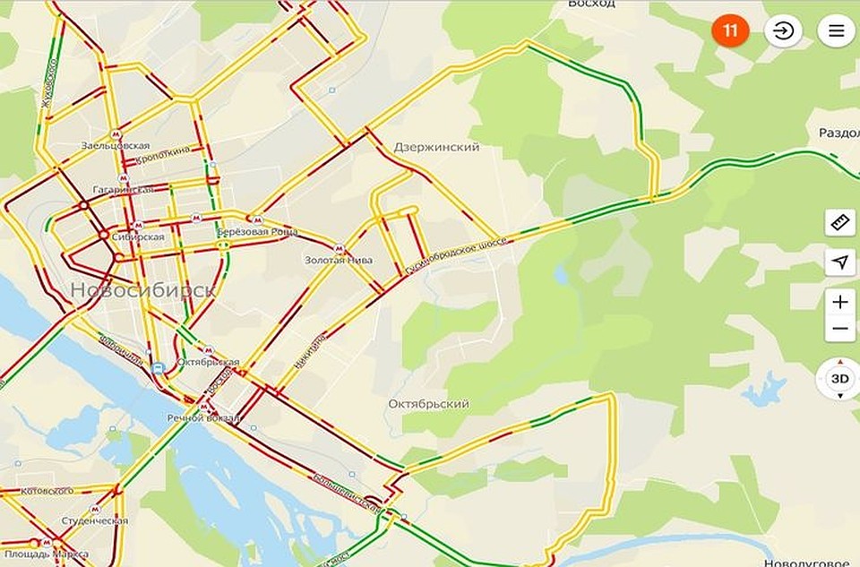 "2ГИС" оценивает пробки на дорогах Новосибирска в 11 баллов. Фото: https://2gis.ru/novosibirsk