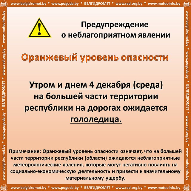 Сообщение Белгидромета о гололеде 4 декабря 2019 года. Фото: twitter.com/belgidromet