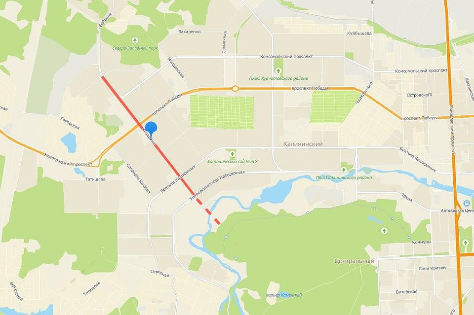 Пунктиром на карте обозначено продолжение улицы Чичерина мостом через реку Миасс до городского бора. Фото: c cайта 2ГИС