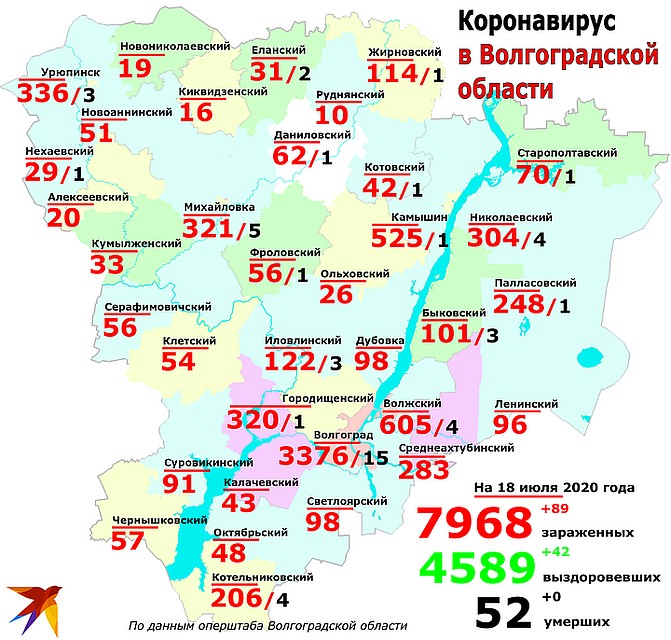 Карта распространения коронавируса в Волгоградской области на 18 июля 2020. Фото: Инна ШЕРЕМЕТЬЕВА