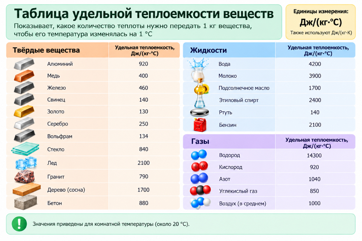 Таблица удельное теплоемкости веществ