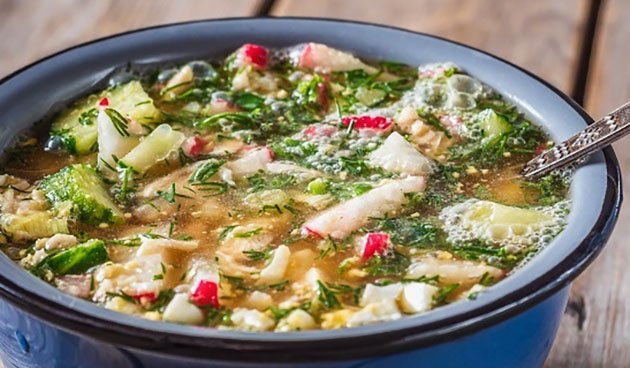 Окрошка с кальмаром на квасе