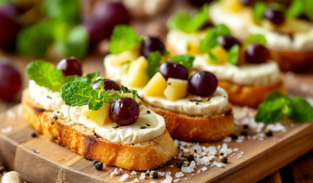 Канапе с камамбером, мятой и виноградом