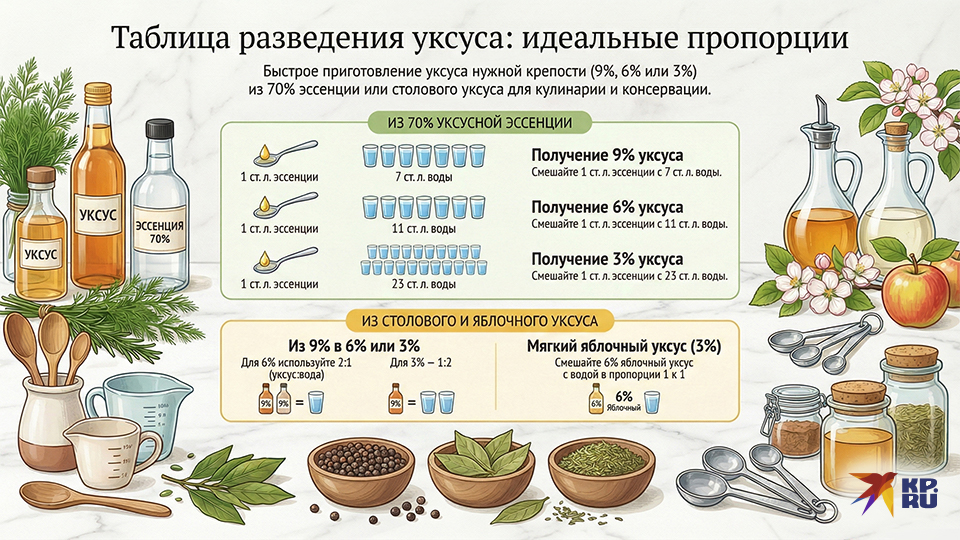 Таблица с пропорциями разведения уксуса (в ложках)