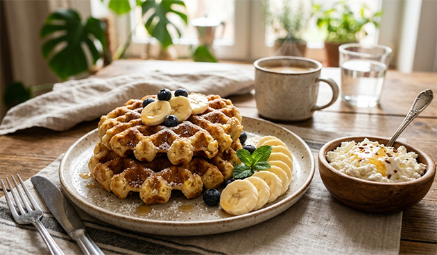 Вафли с творогом и бананом без сливочного масла