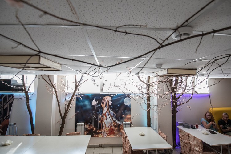 Ветки сакуры и аниме-плакаты.